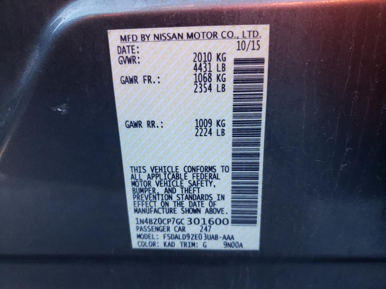 Photo 10 from auction – 2016 NISSAN LEAF SV with VIN 1N4BZ0CP7GC301600