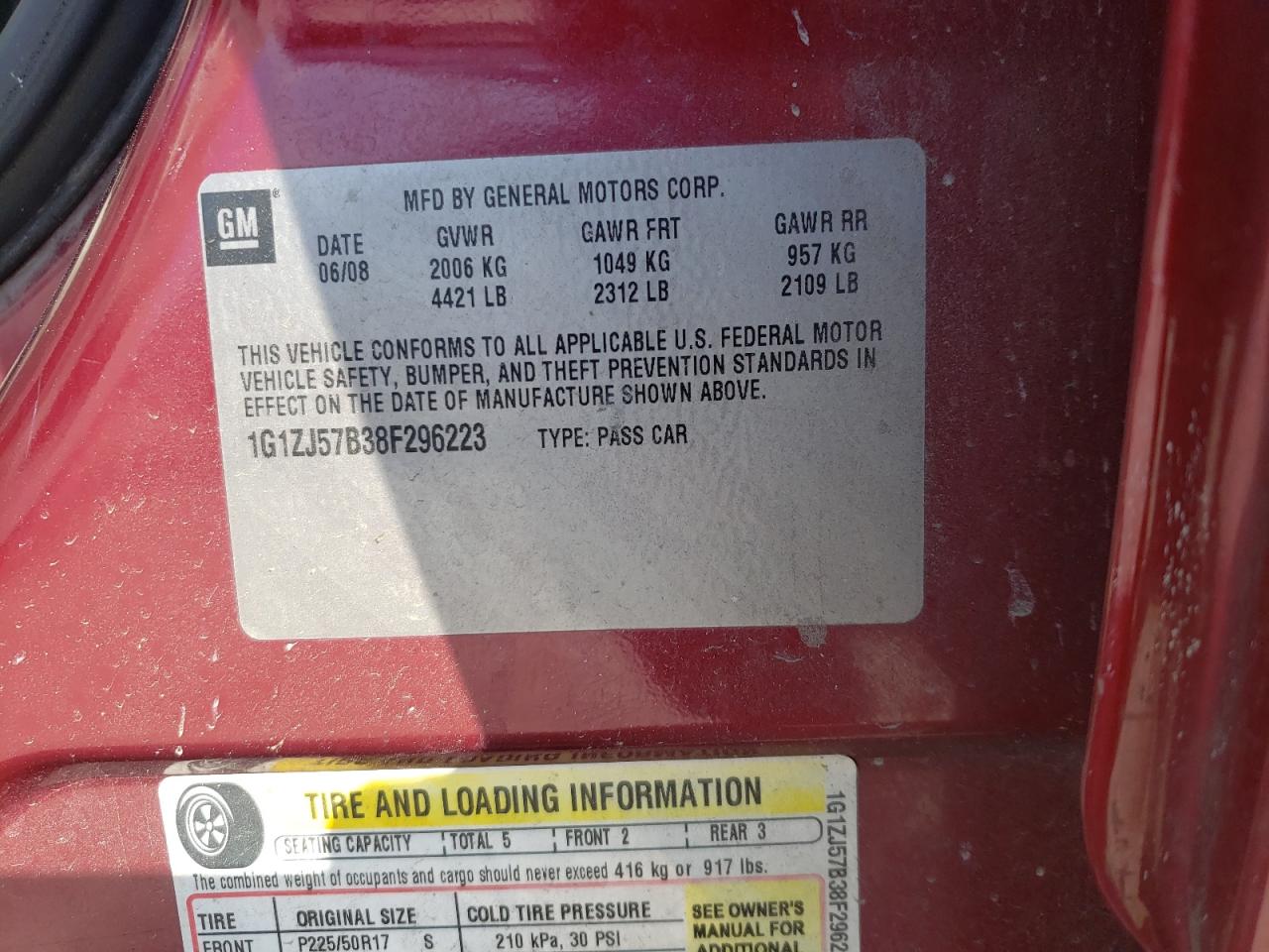 Photo 10 from auction – 2008 CHEVROLET MALIBU 2LT with VIN 1G1ZJ57B38F296223