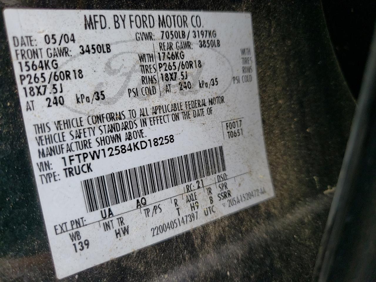Photo 10 from auction – 2004 FORD F150 SUPER with VIN 1FTPW12584KD18258