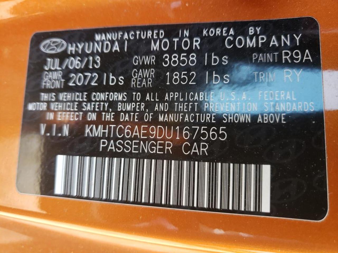 Photo 10 from auction – 2013 HYUNDAI VELOSTER T with VIN KMHTC6AE9DU167565