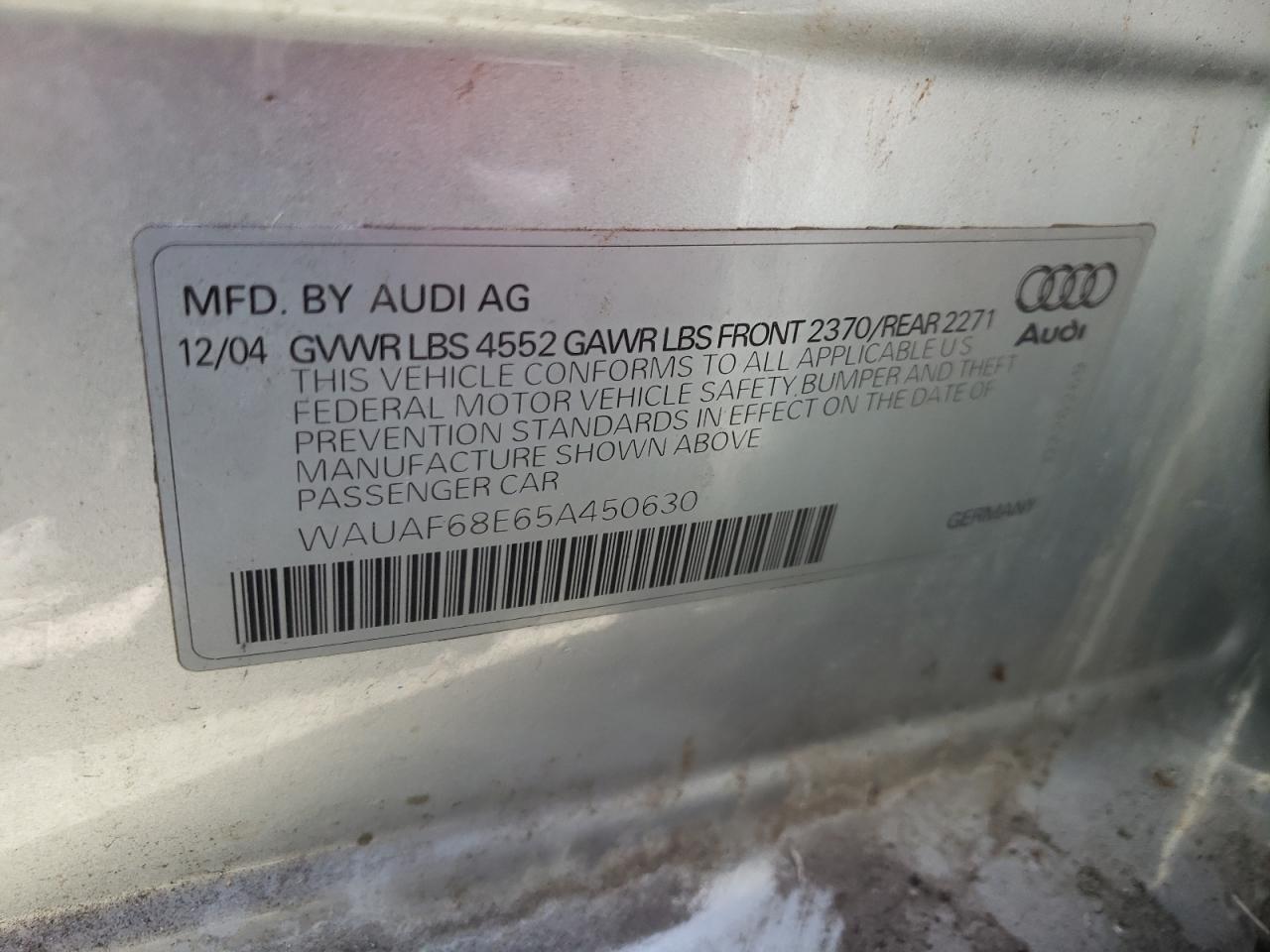 Photo 10 from auction – 2005 AUDI A4 2.0T with VIN WAUAF68E65A450630