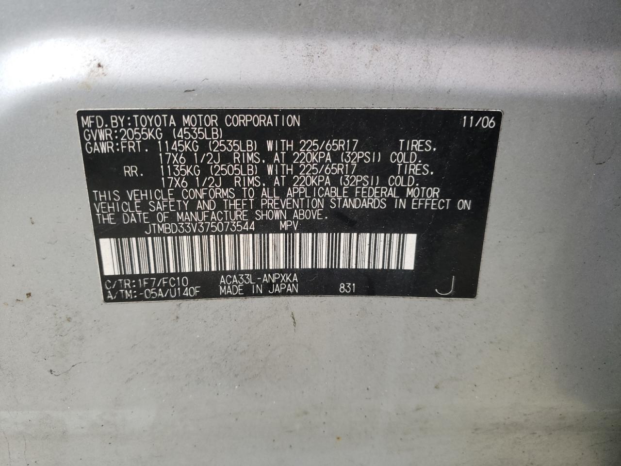Photo 10 from auction – 2007 TOYOTA RAV4 with VIN JTMBD33V375073544