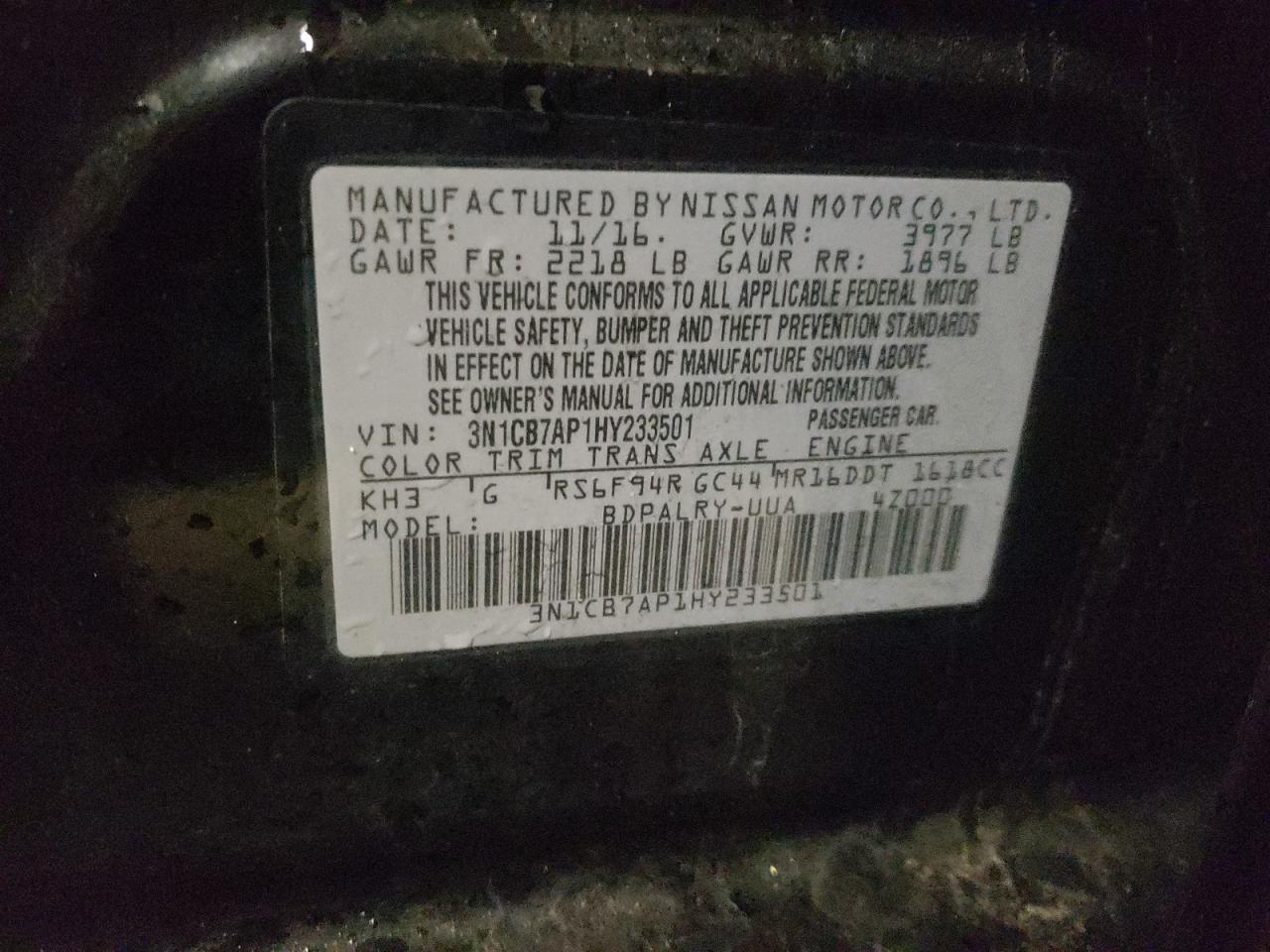 Photo 10 from auction – 2017 NISSAN SENTRA SR with VIN 3N1CB7AP1HY233501