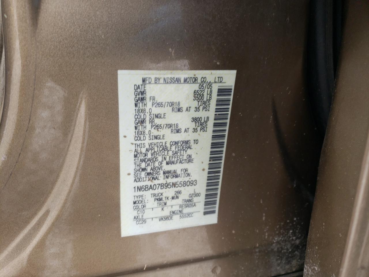 Photo 10 from auction – 2005 NISSAN TITAN XE with VIN 1N6BA07B95N558093