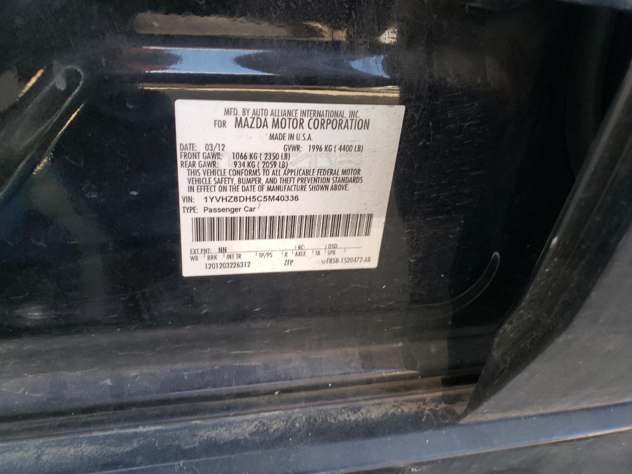 Photo 10 from auction – 2012 MAZDA 6 I with VIN 1YVHZ8DH5C5M40336