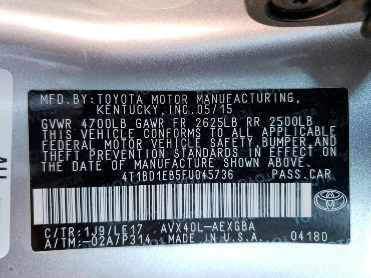 Photo 10 from auction – 2015 TOYOTA AVALON HYB with VIN 4T1BD1EB5FU045736