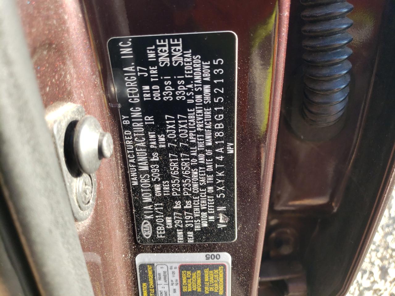 Photo 10 from auction – 2011 KIA SORENTO BA with VIN 5XYKT4A18BG152135