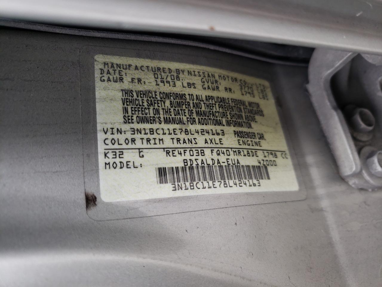 Photo 10 from auction – 2008 NISSAN VERSA S with VIN 3N1BC11E78L424163