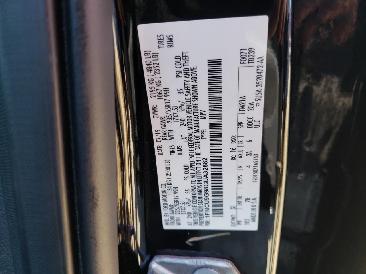 Photo 10 from auction – 2016 FORD ESCAPE SE with VIN 1FMCU9G98GUA32882