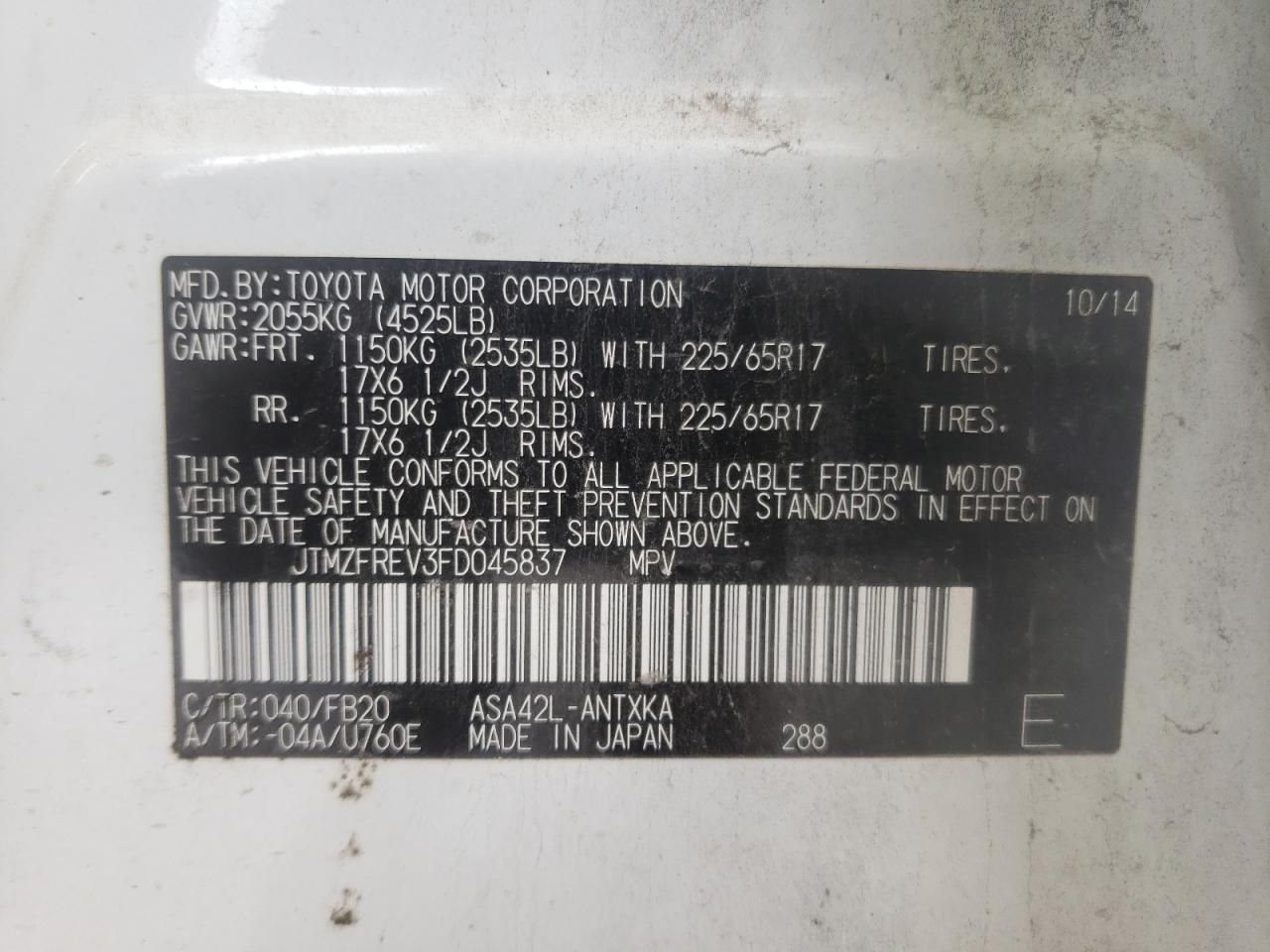 Photo 10 from auction – 2015 TOYOTA RAV4 LE with VIN JTMZFREV3FD045837