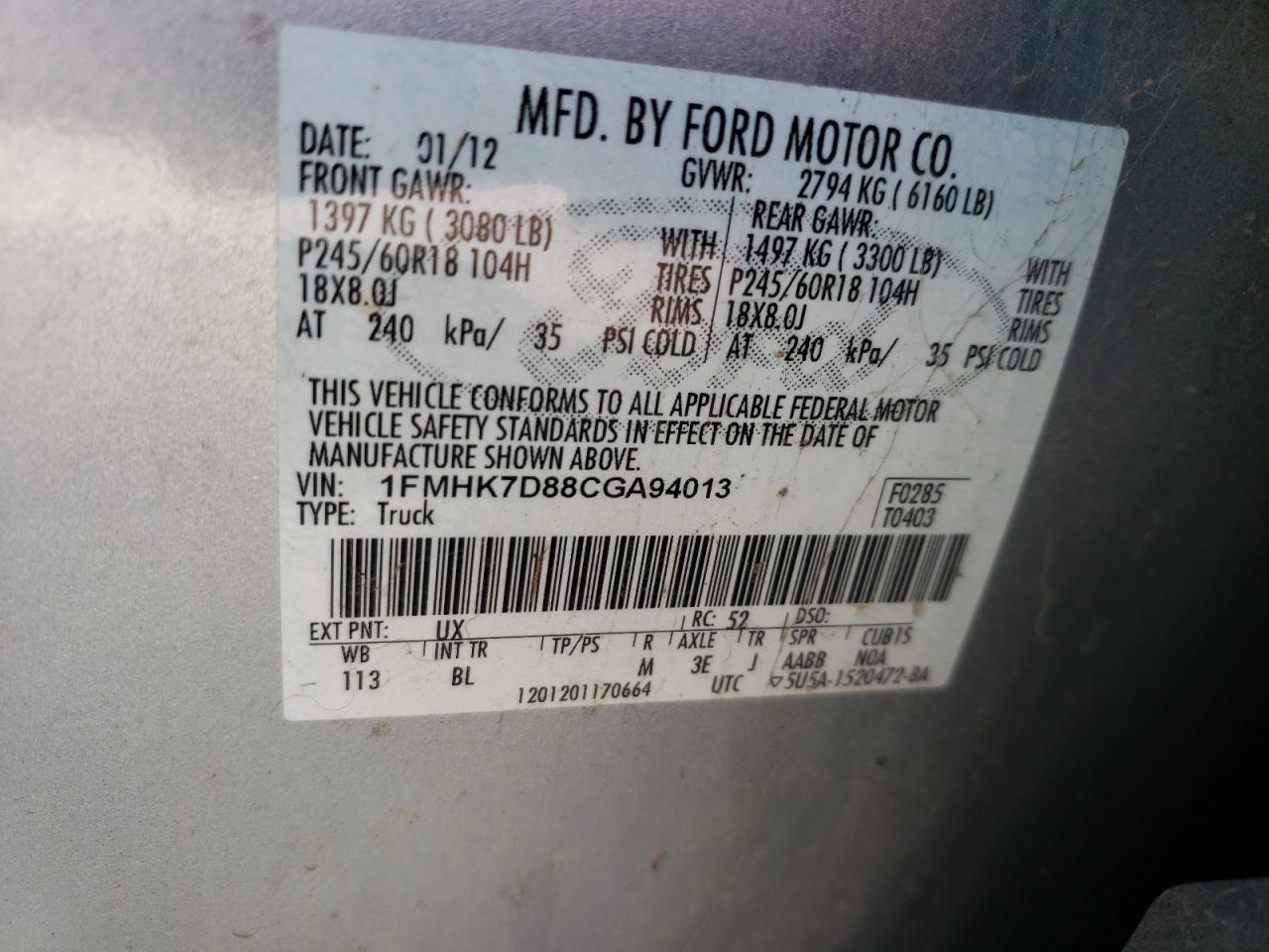 Photo 10 from auction – 2012 FORD EXPLORER X with VIN 1FMHK7D88CGA94013