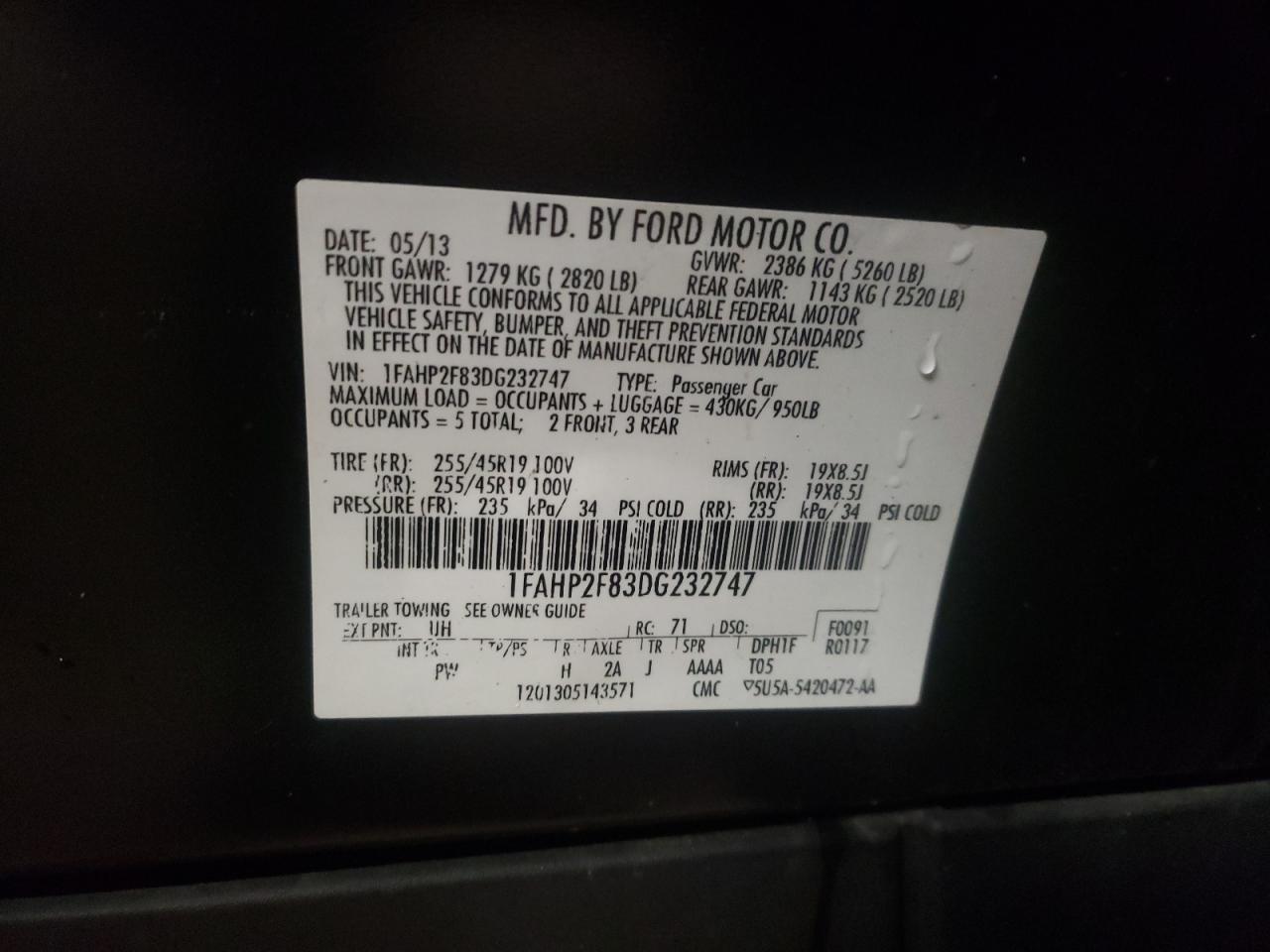 Photo 10 from auction – 2013 FORD TAURUS LIM with VIN 1FAHP2F83DG232747