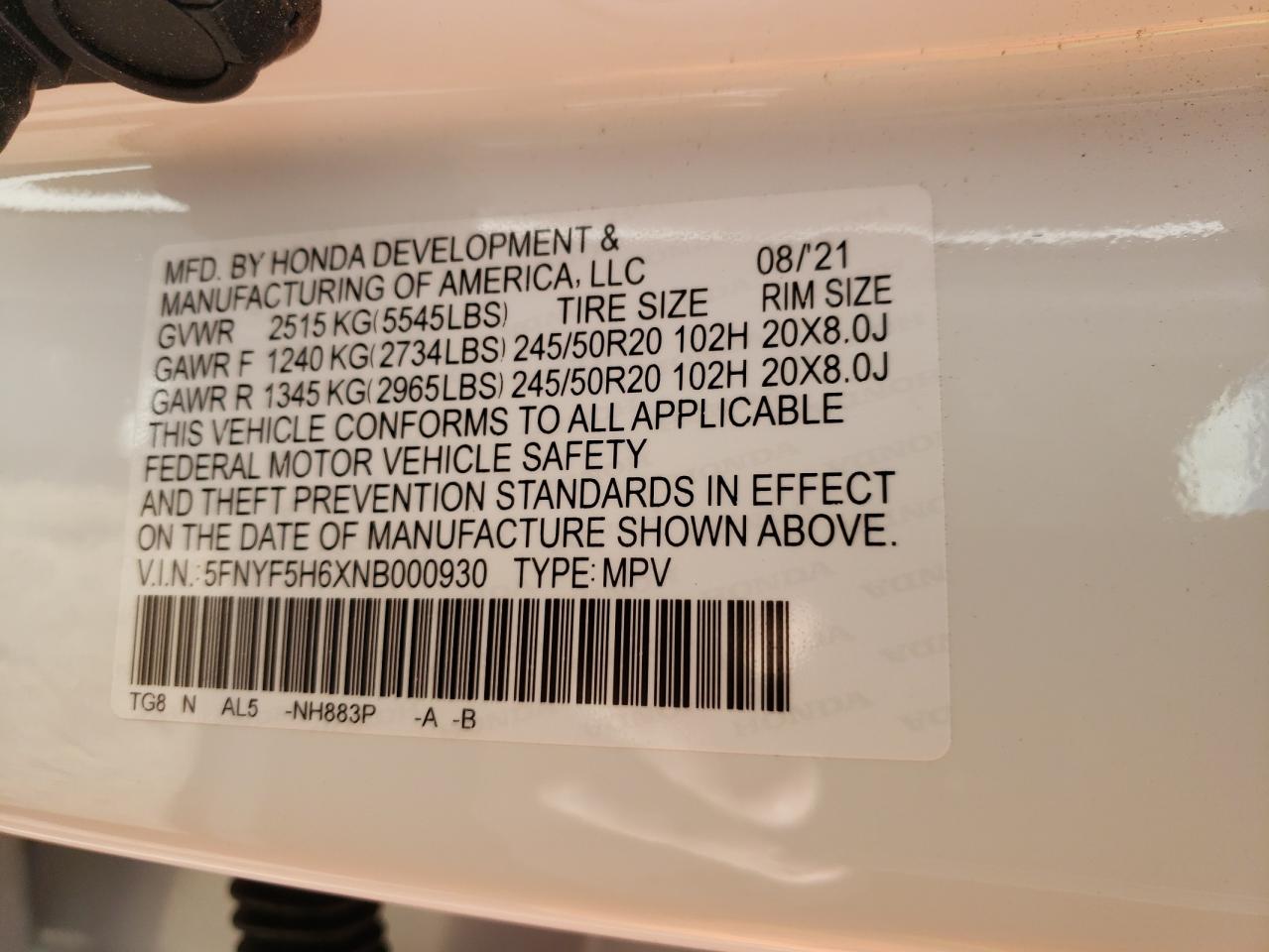 Photo 10 from auction – 2022 HONDA PILOT TOUR with VIN 5FNYF5H6XNB000930