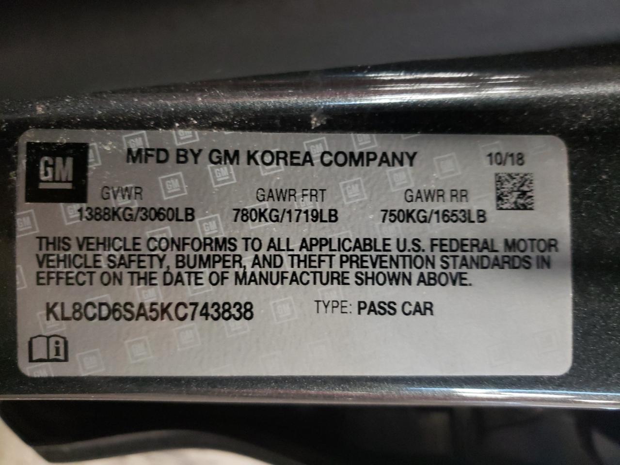 Photo 10 from auction – 2019 CHEVROLET SPARK 1LT with VIN KL8CD6SA5KC743838