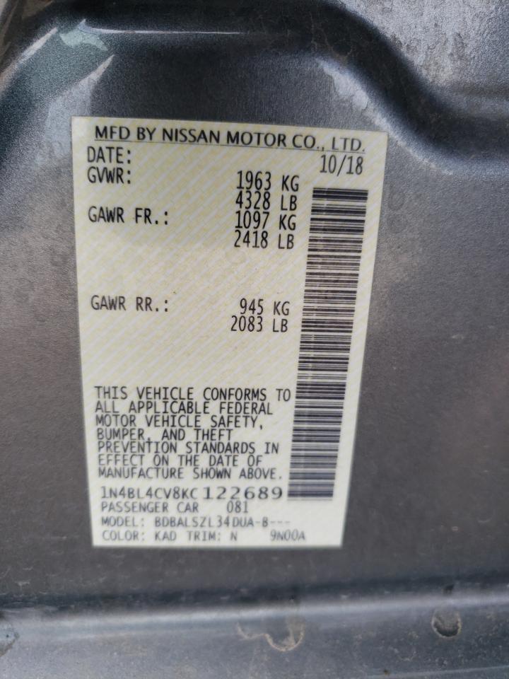 Photo 10 from auction – 2019 NISSAN ALTIMA SR with VIN 1N4BL4CV8KC122689