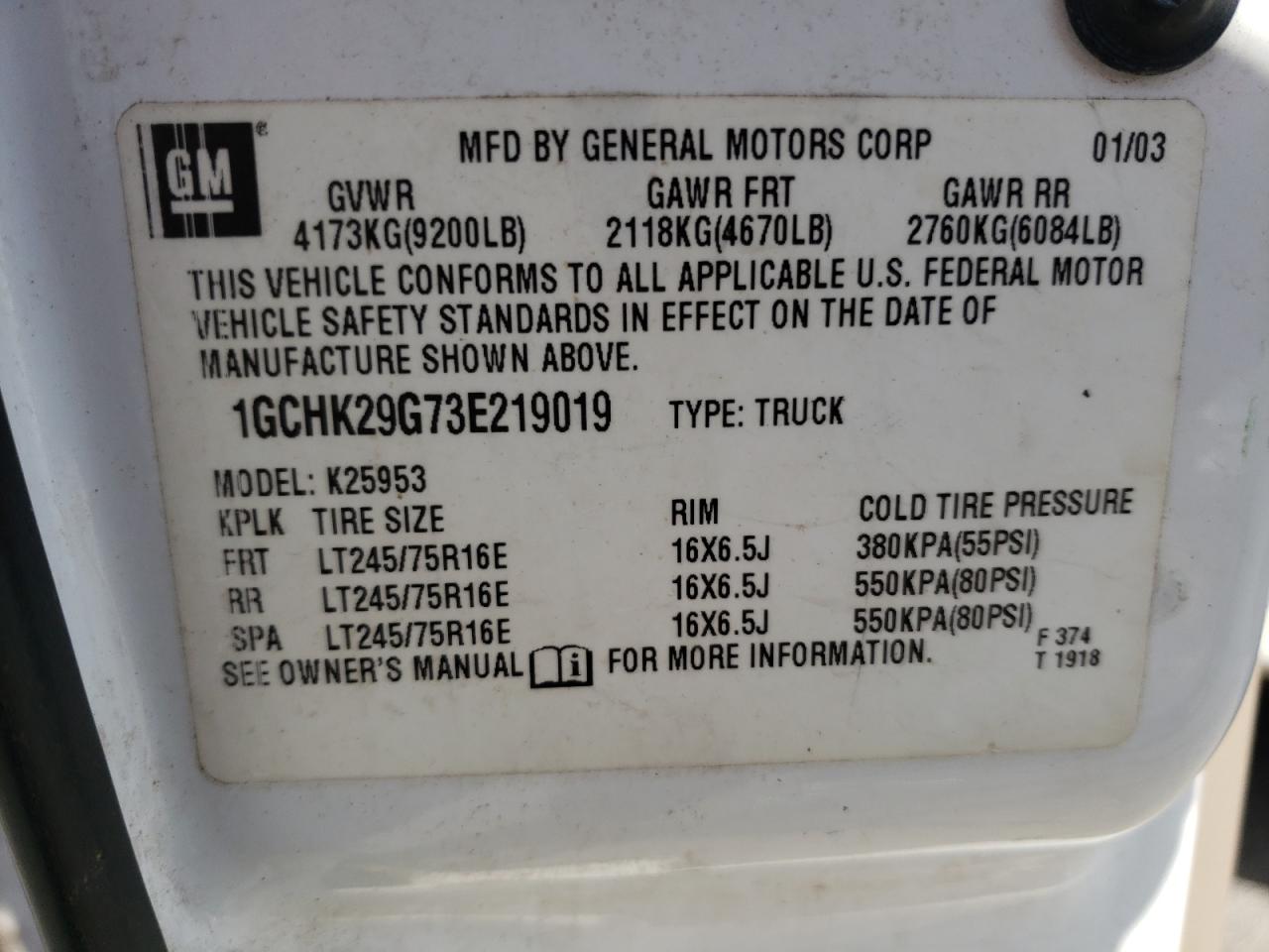 Photo 10 from auction – 2003 CHEVROLET SILVERADO with VIN 1GCHK29G73E219019