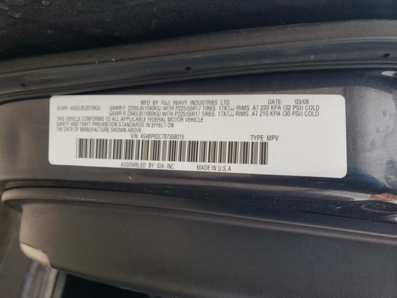 Photo 10 from auction – 2008 SUBARU OUTBACK 2. with VIN 4S4BP62C787358015