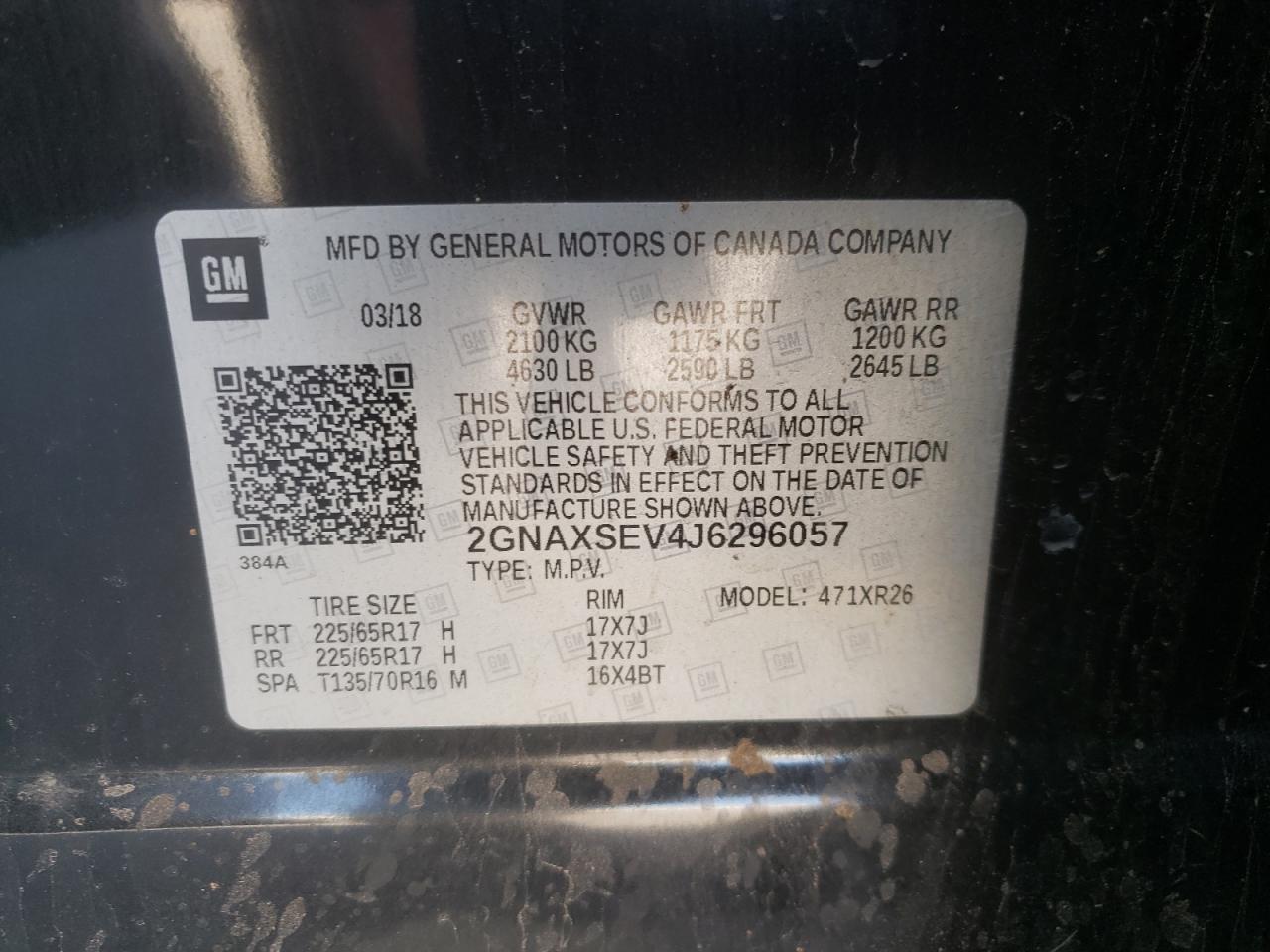 Photo 10 from auction – 2018 CHEVROLET EQUINOX LT with VIN 2GNAXSEV4J6296057
