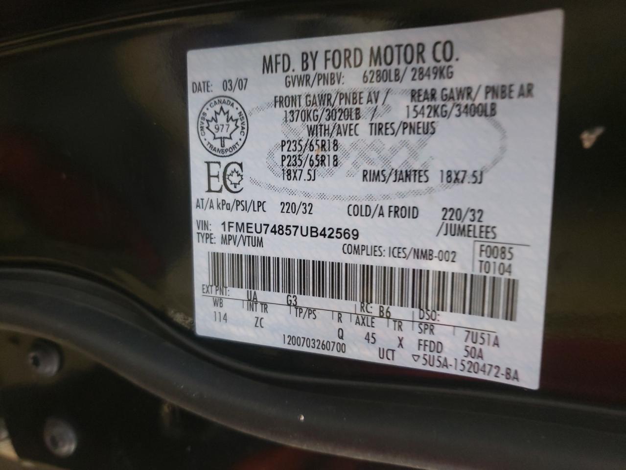 Photo 10 from auction – 2007 FORD EXPLORER E with VIN 1FMEU74857UB42569