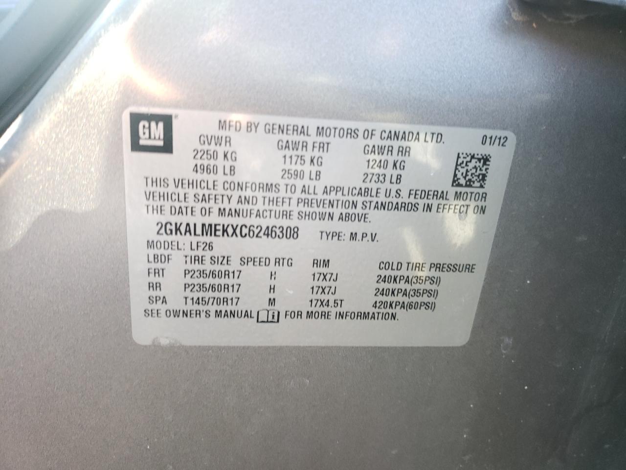 Photo 10 from auction – 2012 GMC TERRAIN SL with VIN 2GKALMEKXC6246308