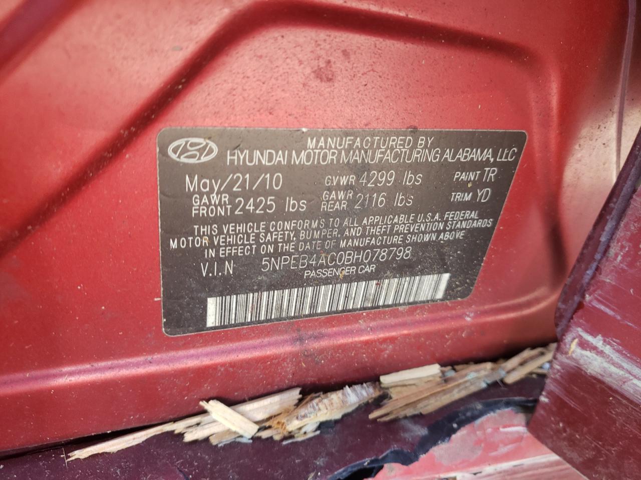 Photo 10 from auction – 2011 HYUNDAI SONATA GLS with VIN 5NPEB4AC0BH078798