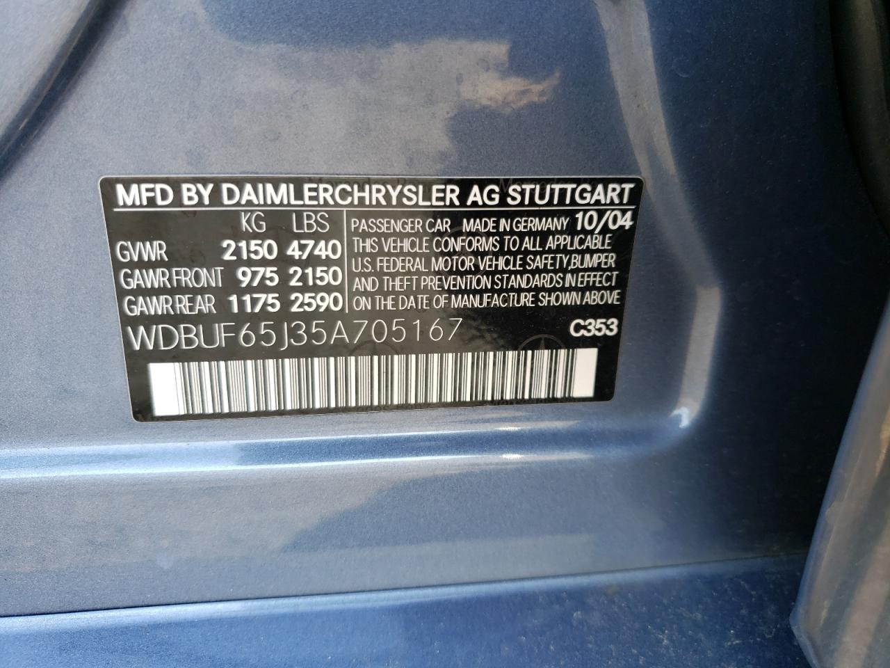 Photo 10 from auction – 2005 MERCEDES-BENZ E 320 with VIN WDBUF65J35A705167