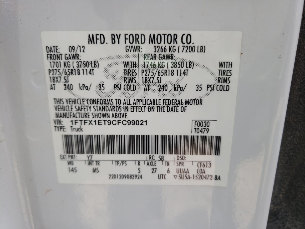 Photo 10 from auction – 2012 FORD F150 SUPER with VIN 1FTFX1ET9CFC99021