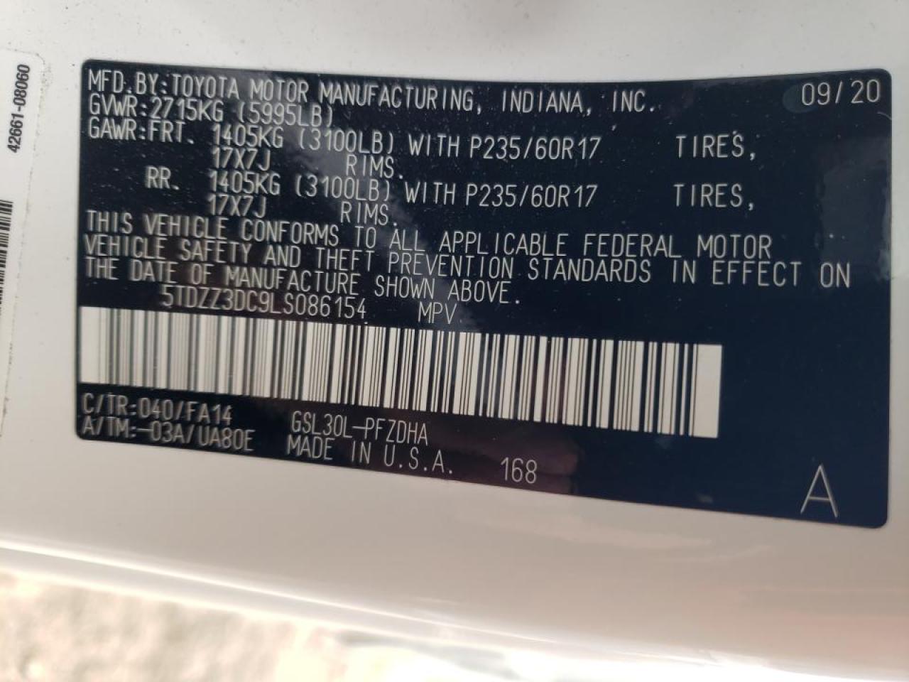 Photo 10 from auction – 2020 TOYOTA SIENNA L with VIN 5TDZZ3DC9LS086154