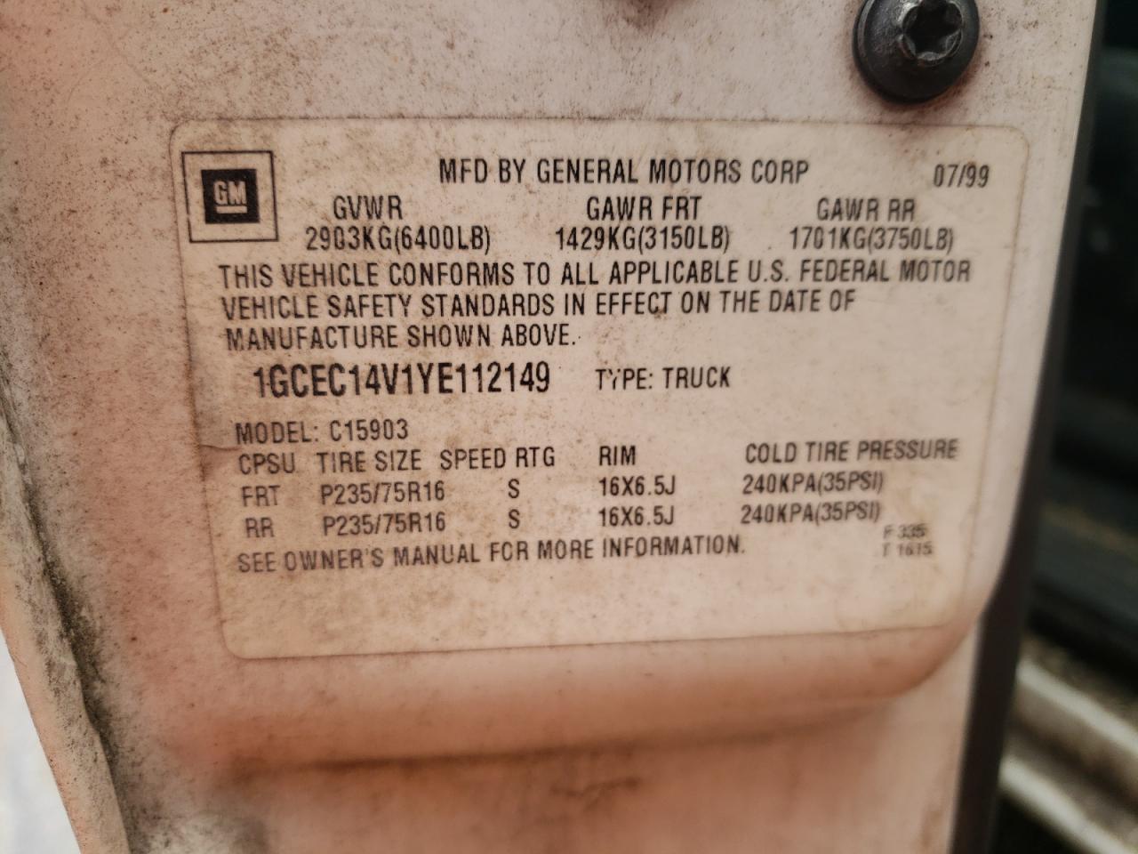 Foto 10 de la subasta – 2000 CHEVROLET SILVERADO con VIN 1GCEC14V1YE112149