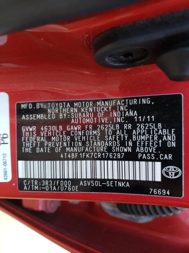 Photo 10 from auction – 2012 TOYOTA CAMRY BASE with VIN 4T4BF1FK7CR176287
