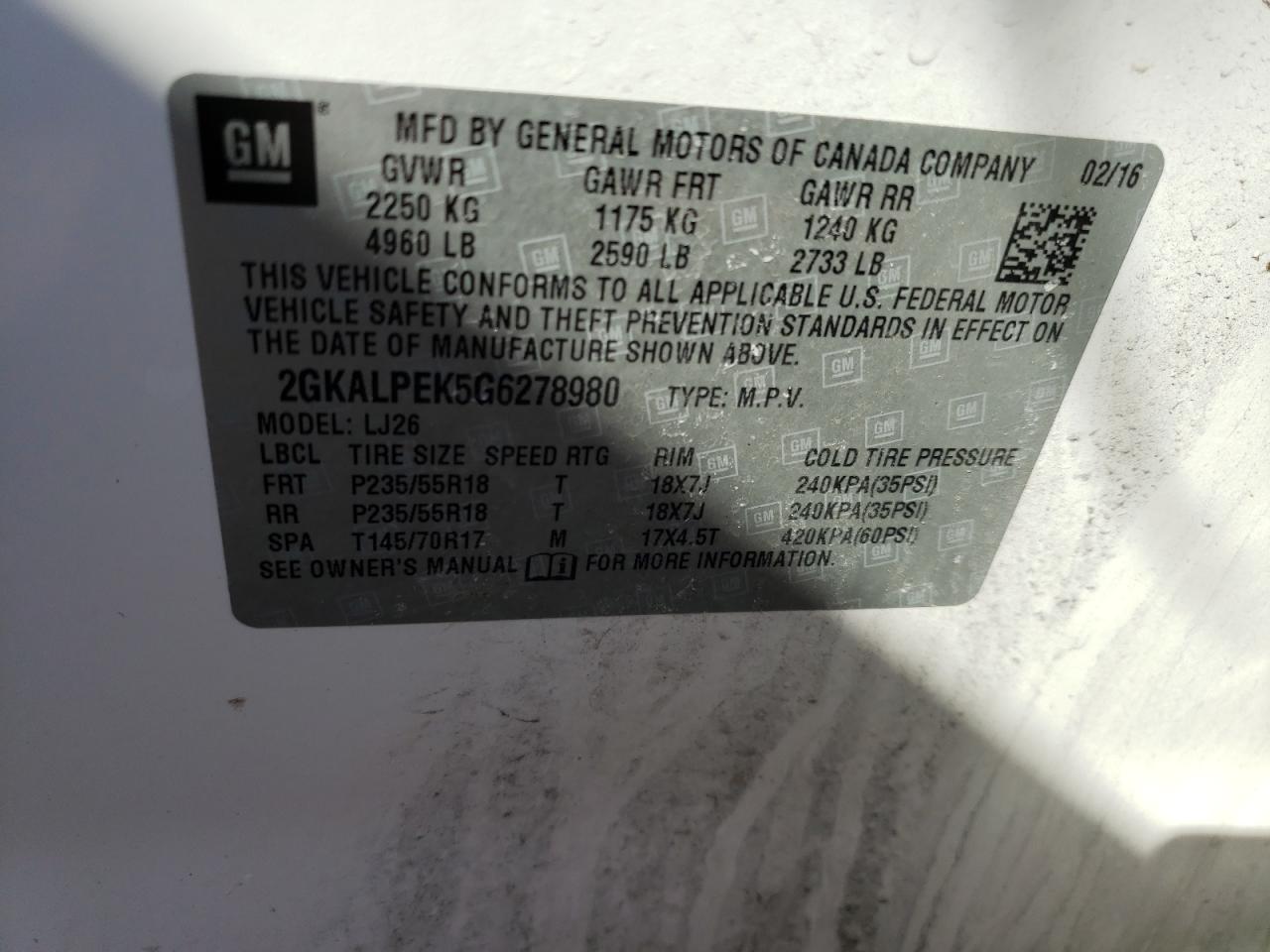 Photo 10 from auction – 2016 GMC TERRAIN SL with VIN 2GKALPEK5G6278980