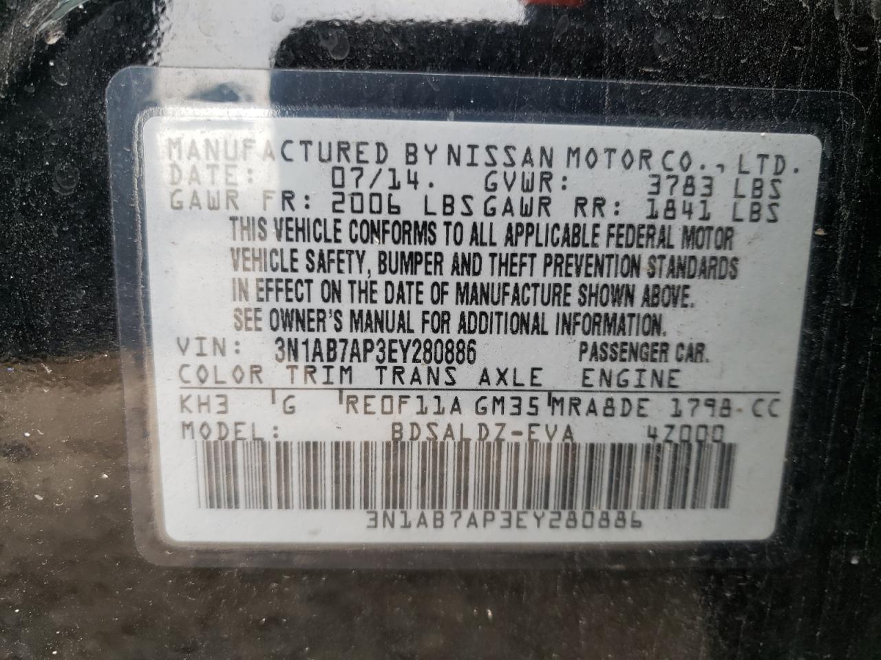 Photo 10 from auction – 2014 NISSAN SENTRA S with VIN 3N1AB7AP3EY280886