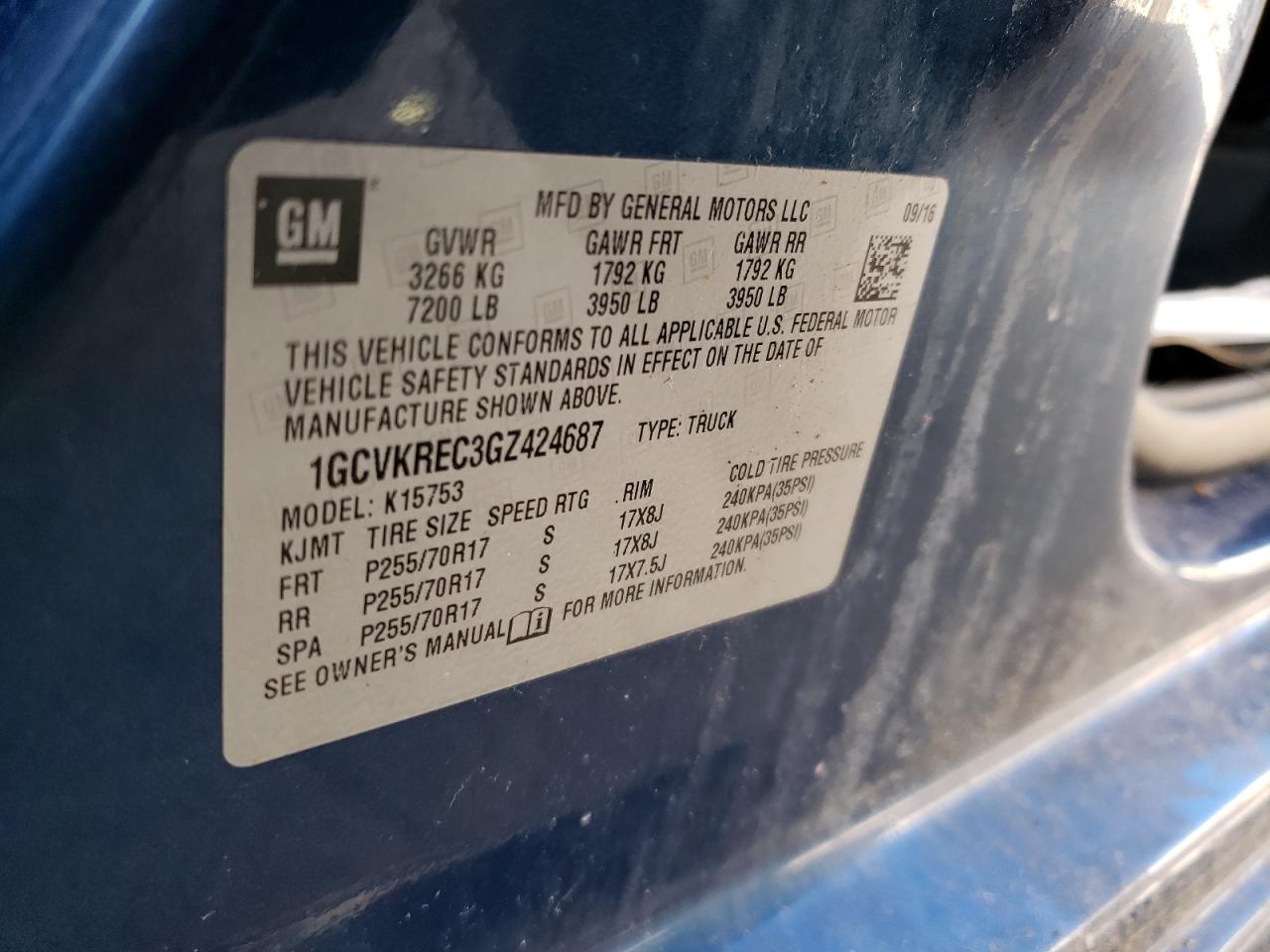 Photo 10 from auction – 2016 CHEVROLET SILVERADO with VIN 1GCVKREC3GZ424687