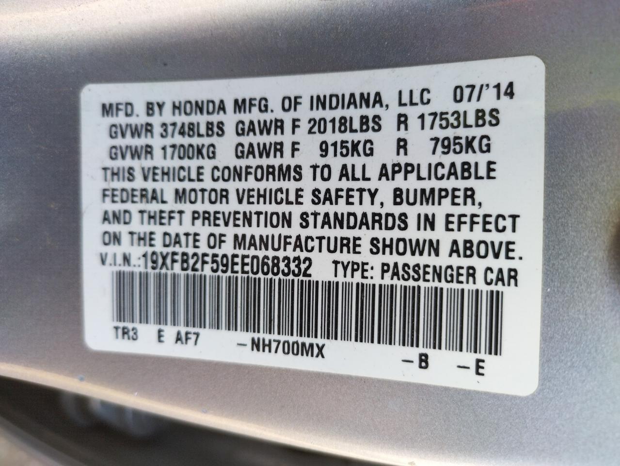 Photo 10 from auction – 2014 HONDA CIVIC LX with VIN 19XFB2F59EE068332