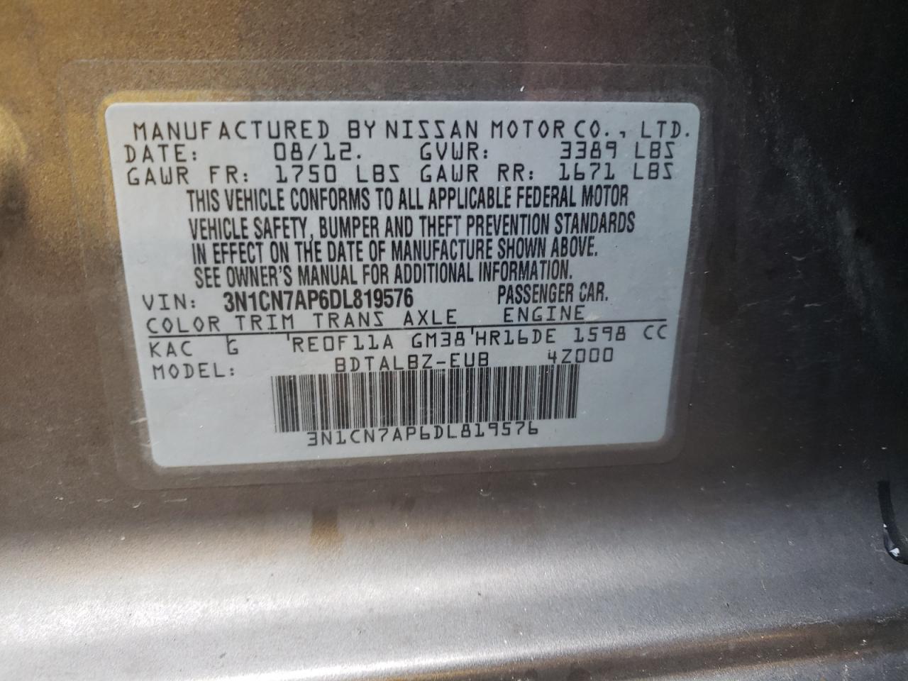 Photo 10 from auction – 2013 NISSAN VERSA S with VIN 3N1CN7AP6DL819576