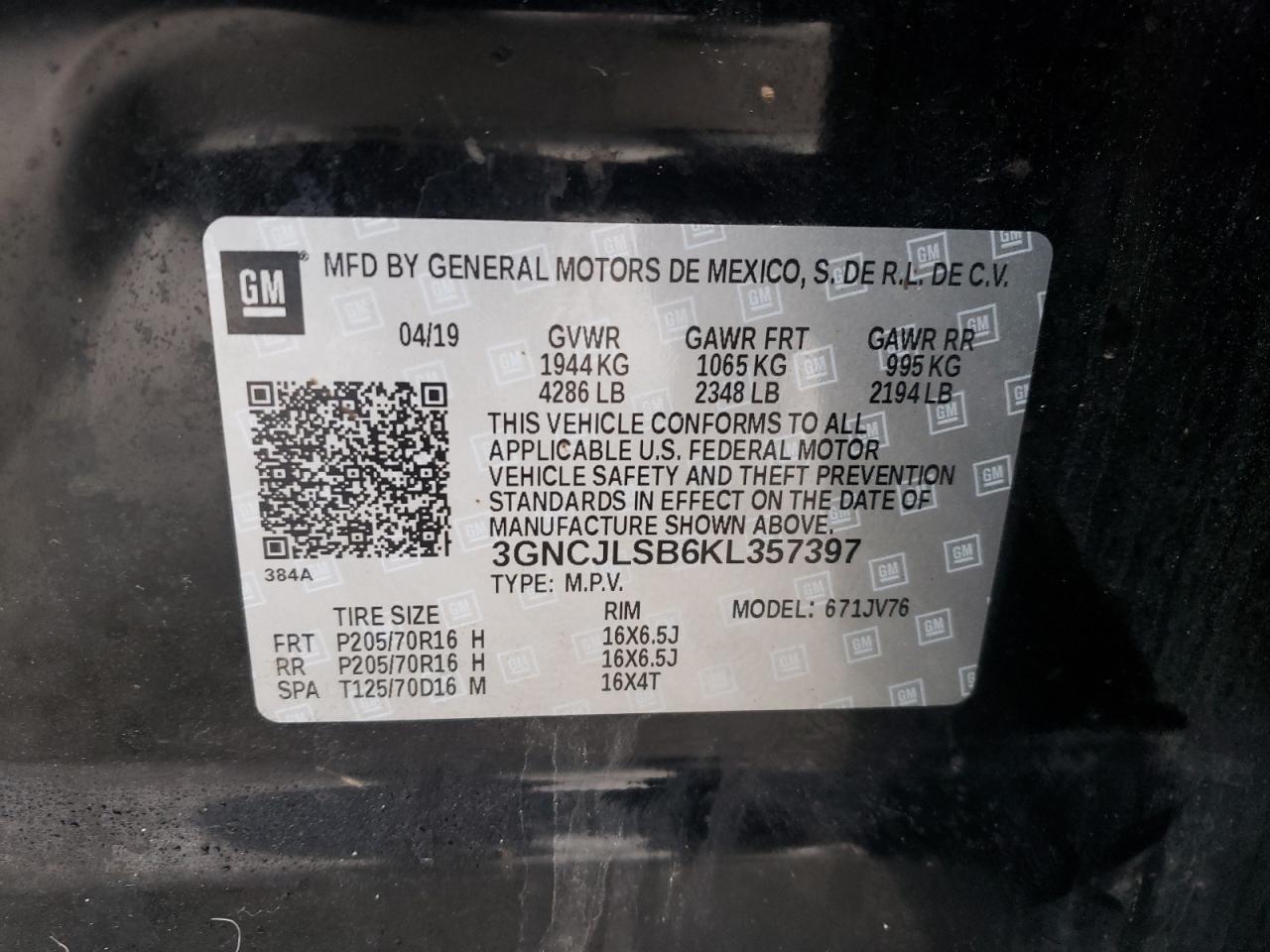 Photo 10 from auction – 2019 CHEVROLET TRAX 1LT with VIN 3GNCJLSB6KL357397