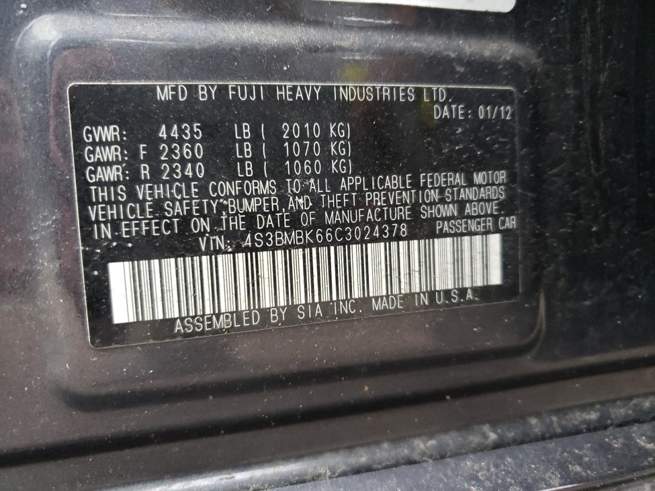 صورة رقم 10 من المزاد - 2012 SUBARU LEGACY 2.5 مع VIN 4S3BMBK66C3024378