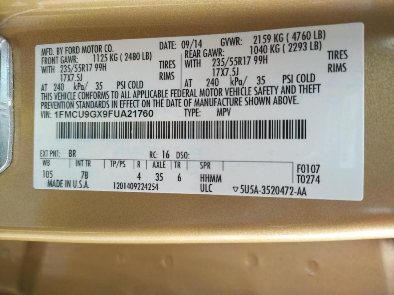 Photo 10 from auction – 2015 FORD ESCAPE SE with VIN 1FMCU9GX9FUA21760