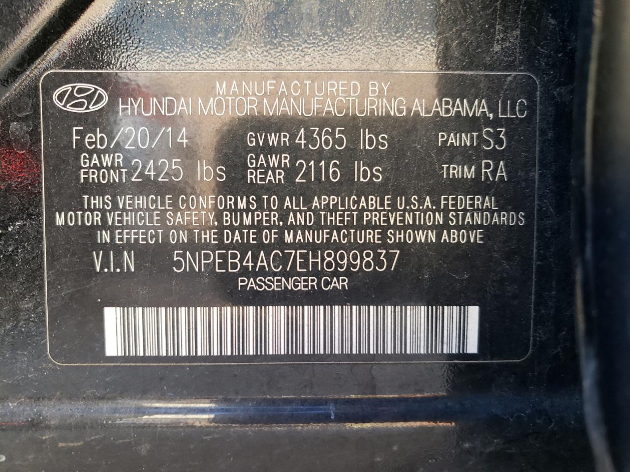 Photo 10 from auction – 2014 HYUNDAI SONATA GLS with VIN 5NPEB4AC7EH899837
