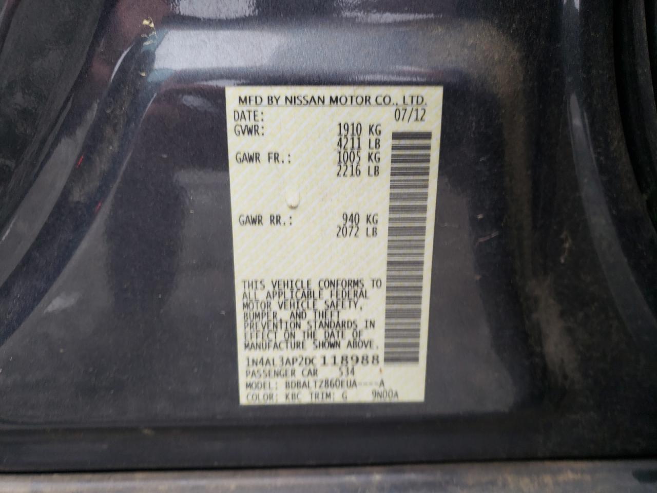 Photo 10 from auction – 2013 NISSAN ALTIMA 2.5 with VIN 1N4AL3AP2DC118988