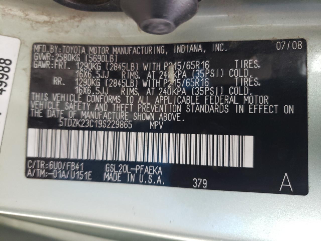 Photo 10 from auction – 2009 TOYOTA SIENNA CE with VIN 5TDZK23C19S229865
