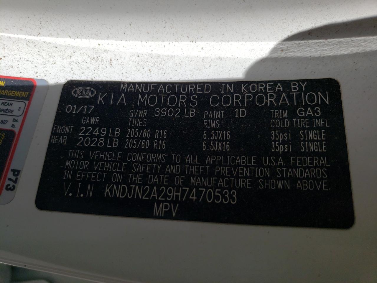 Photo 10 from auction – 2017 KIA SOUL with VIN KNDJN2A29H7470533