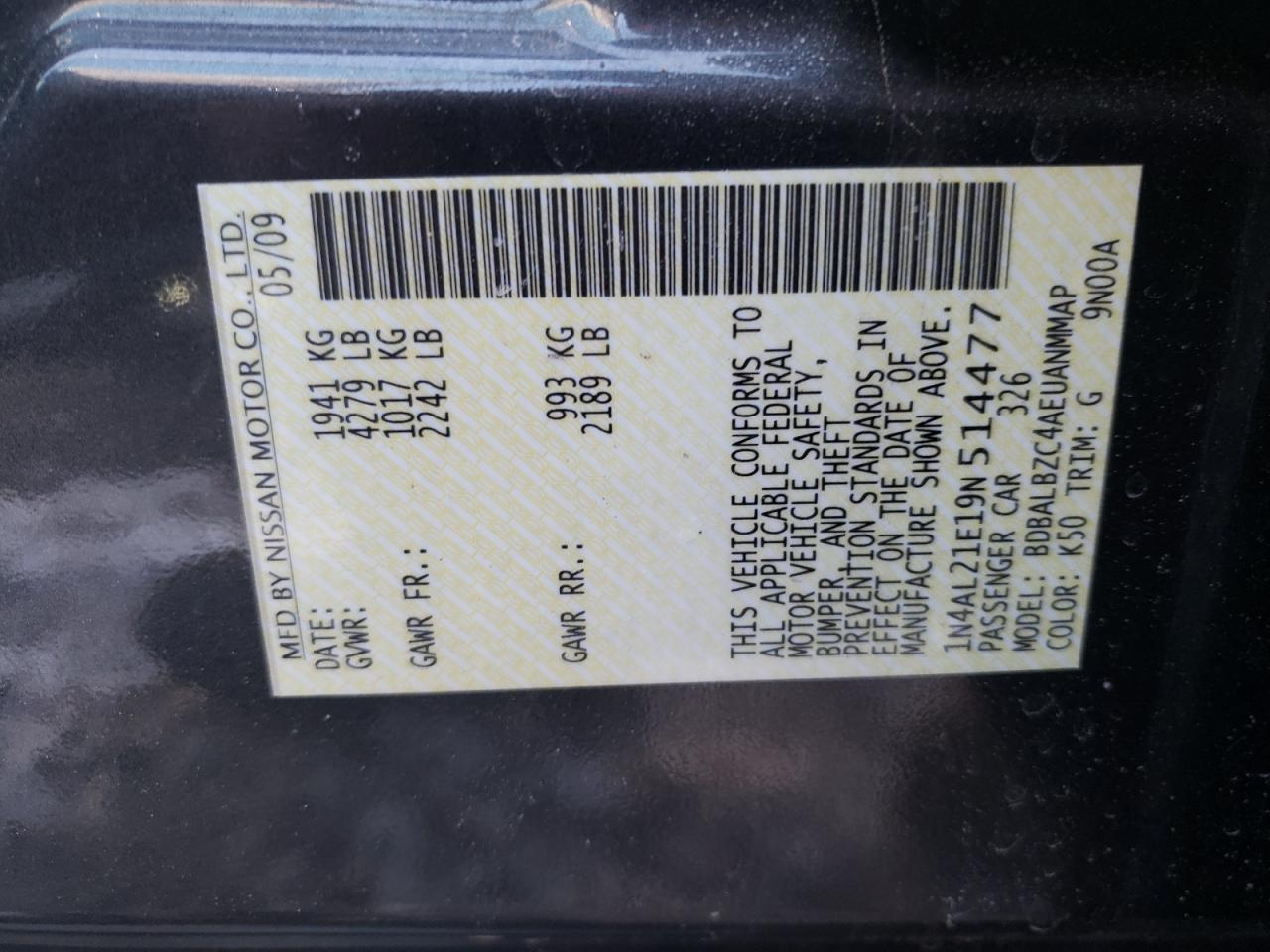 Photo 10 from auction – 2009 NISSAN ALTIMA with VIN 1N4AL21E19N514477