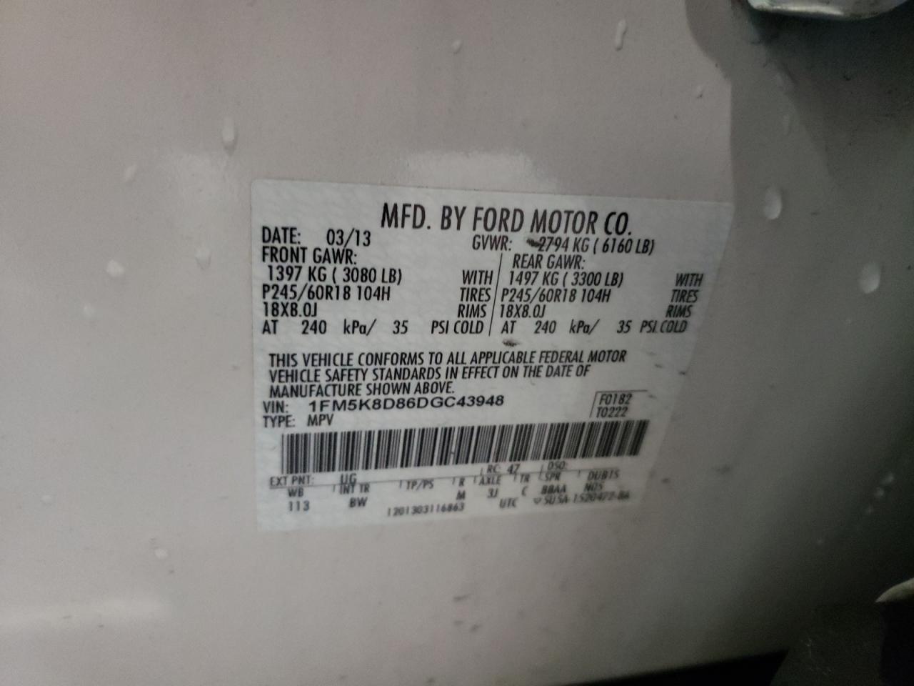 Photo 10 from auction – 2013 FORD EXPLORER X with VIN 1FM5K8D86DGC43948