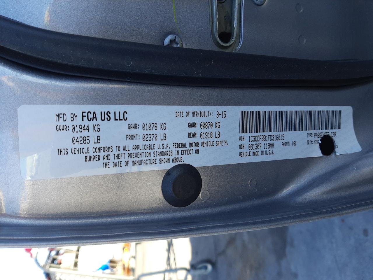 Photo 20 from auction – 2015 DODGE DART SXT with VIN 1C3CDFBB1FD316015