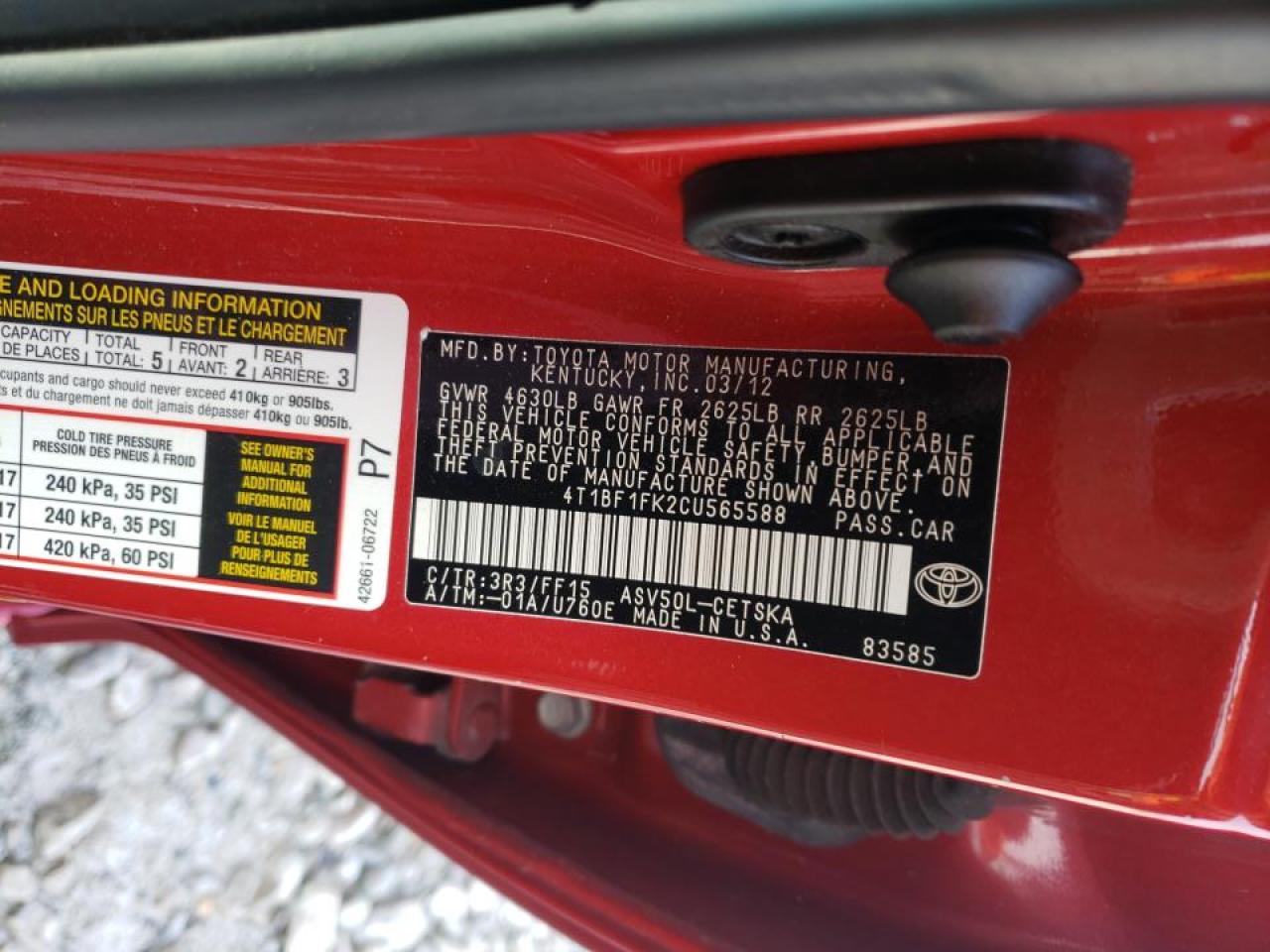 Photo 10 from auction – 2012 TOYOTA CAMARY with VIN 4T1BF1FK2CU565588
