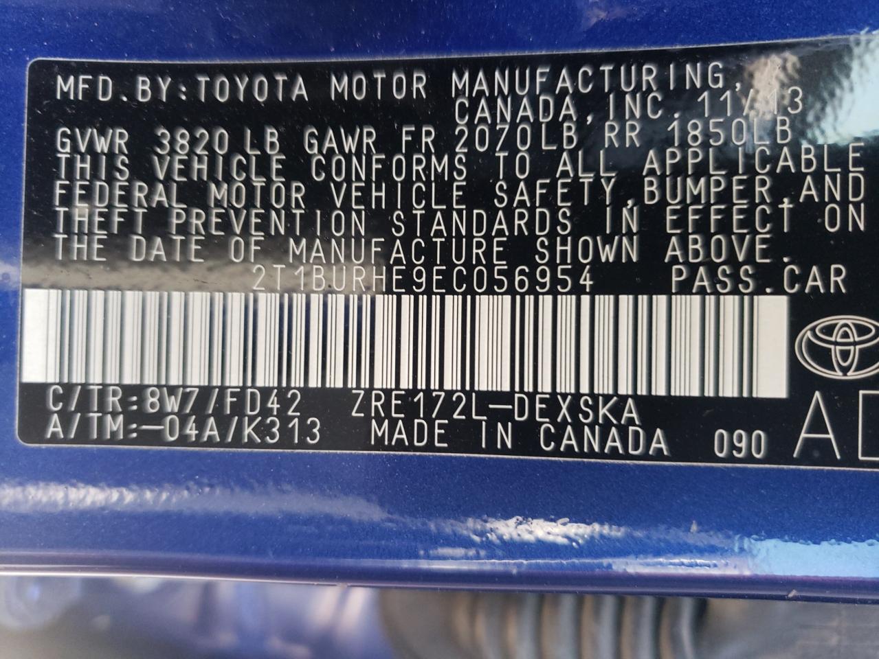 Photo 10 from auction – 2014 TOYOTA COROLLA L with VIN 2T1BURHE9EC056954