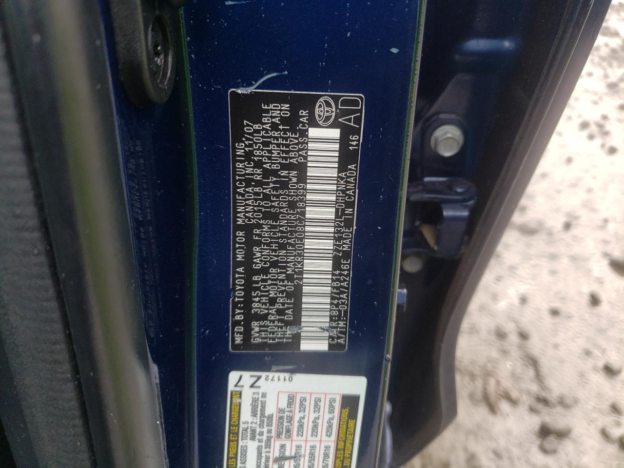 Photo 10 from auction – 2008 TOYOTA COROLLA MA with VIN 2T1KR30E08C718399