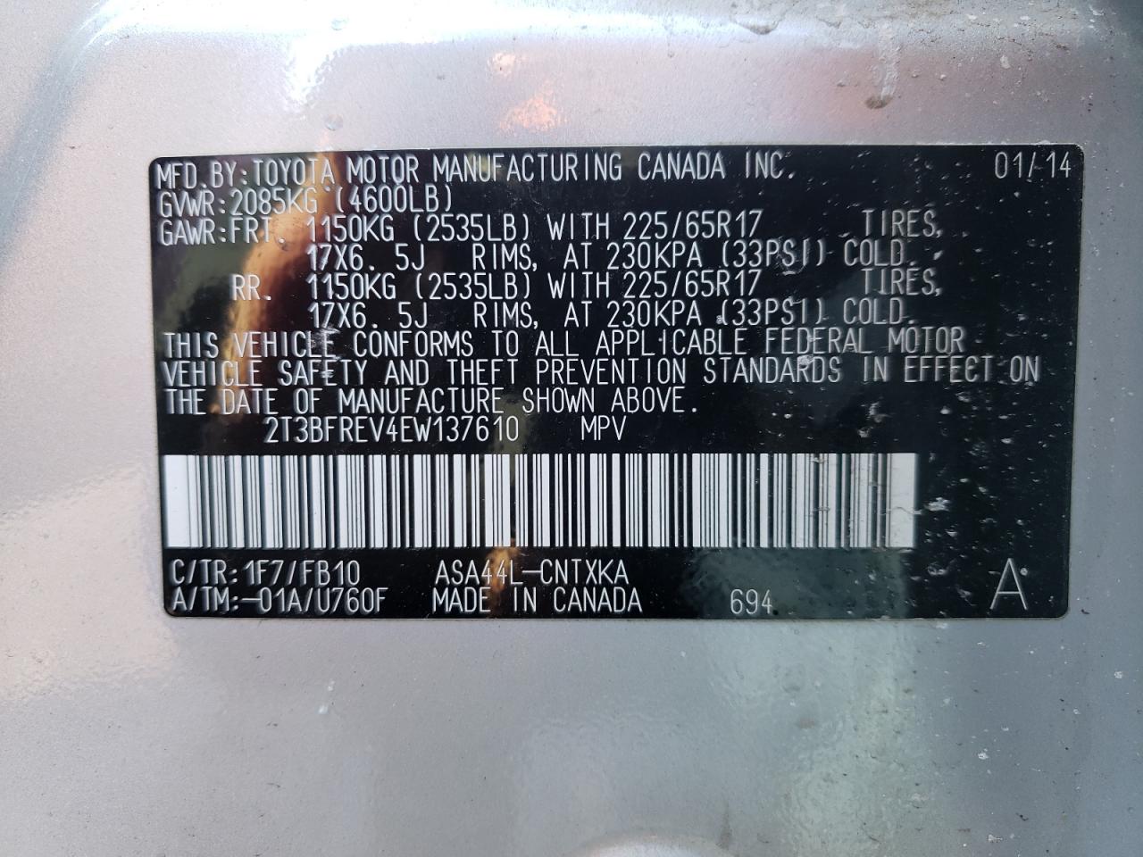 Photo 10 from auction – 2014 TOYOTA RAV4 LE with VIN 2T3BFREV4EW137610
