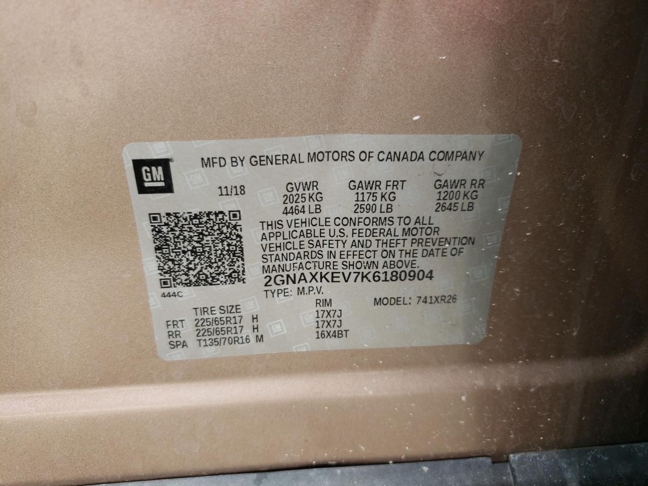 Photo 10 from auction – 2019 CHEVROLET EQUINOX LT with VIN 2GNAXKEV7K6180904